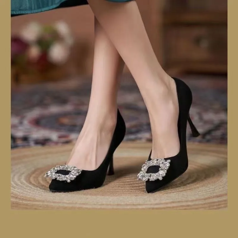 Women Shoes Fashion Rhinestone Square Buckle Bridesmaid Wedding Shoes Solid Flock Pointed Toe Stiletto Pumps French High Heels
