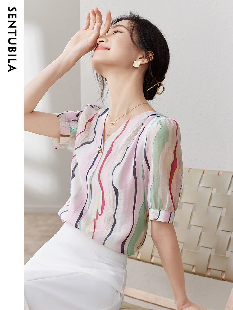 SENTUBILA Elegant Striped Chiffon Blouse for Women 2024 Summer Fashion Short Sleeve V Neck Shirt Contrast Chiffon Top Q32V50521