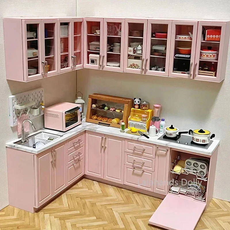 1/6 itens de móveis em miniatura para casa de bonecas, armários de cozinha de madeira/armário de fogão integrado, acessórios de decoração de cozinha