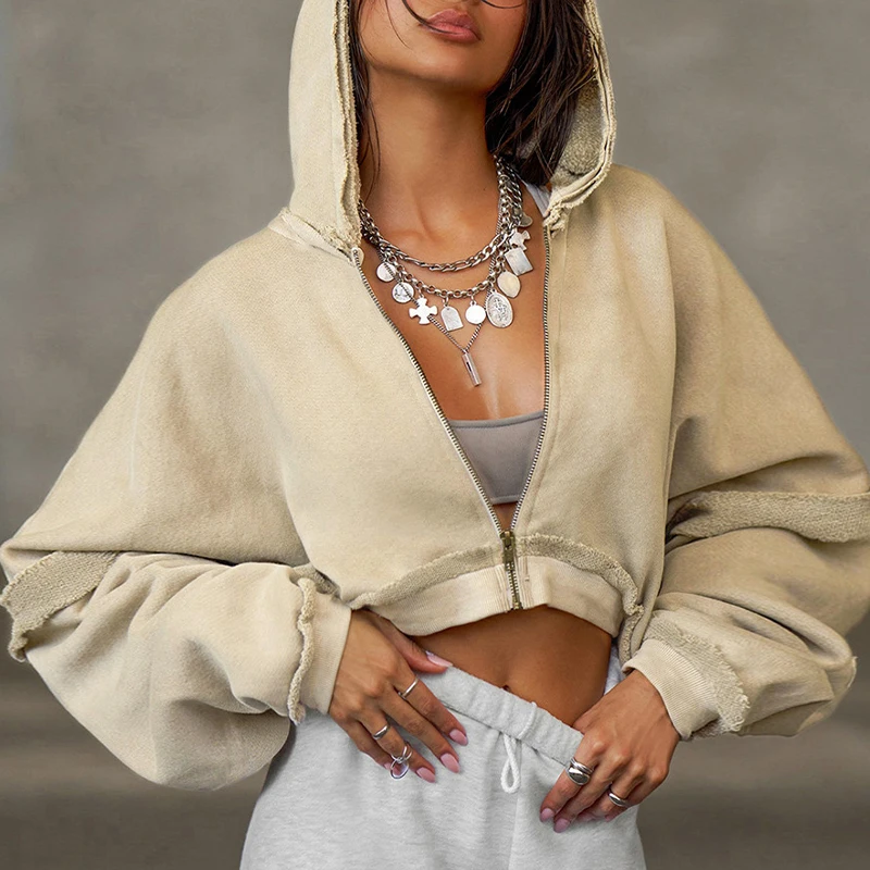 

Sports Women's Hoodies Swweatshirts Cotton Knitted Long Sleeve Zipper Crop Shorts Coats Streetwear Beige Color Fashion Jackets