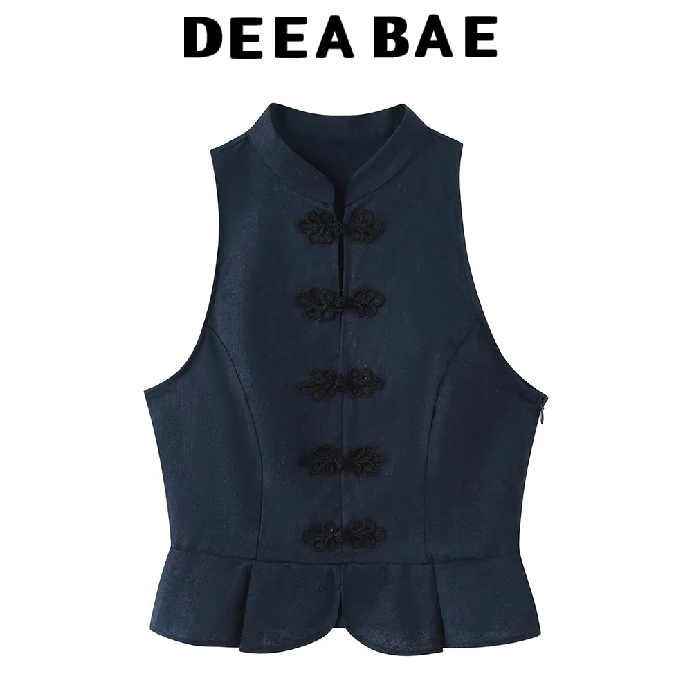 DEEABAE Women's summer new product fashionable temperament sleeveless high neck new Chinese style waist cinched top vest