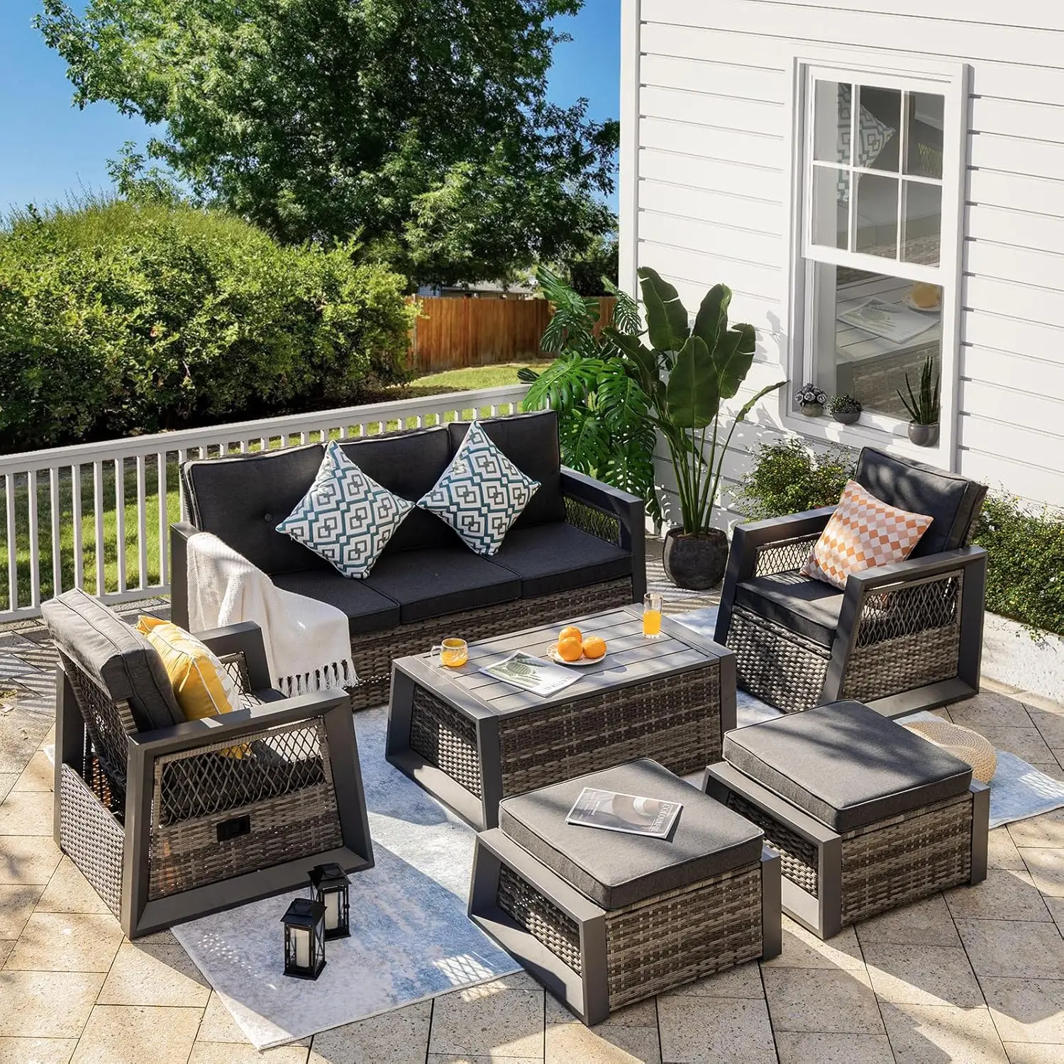 

Outdoor Furniture Set, 6 Pcs Patio Furniture Set with Aluminum Frame, Wicker Recliner Chairs with Ottomans, Modern Outdoor