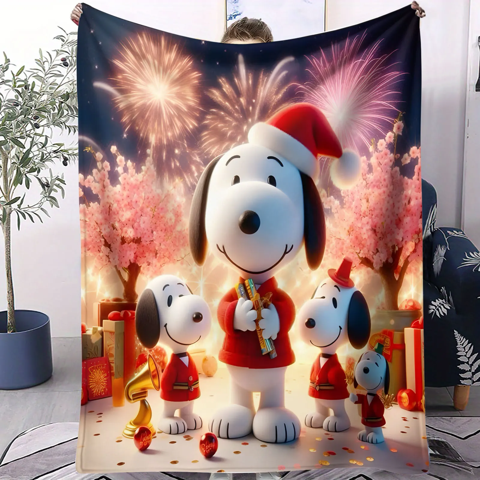 

Cozy Warm Snoopy Fireworks Christmas Plush Blanket Soft Throw for Family Kids Bedroom Living Room Holiday Party Decor Gift Daily