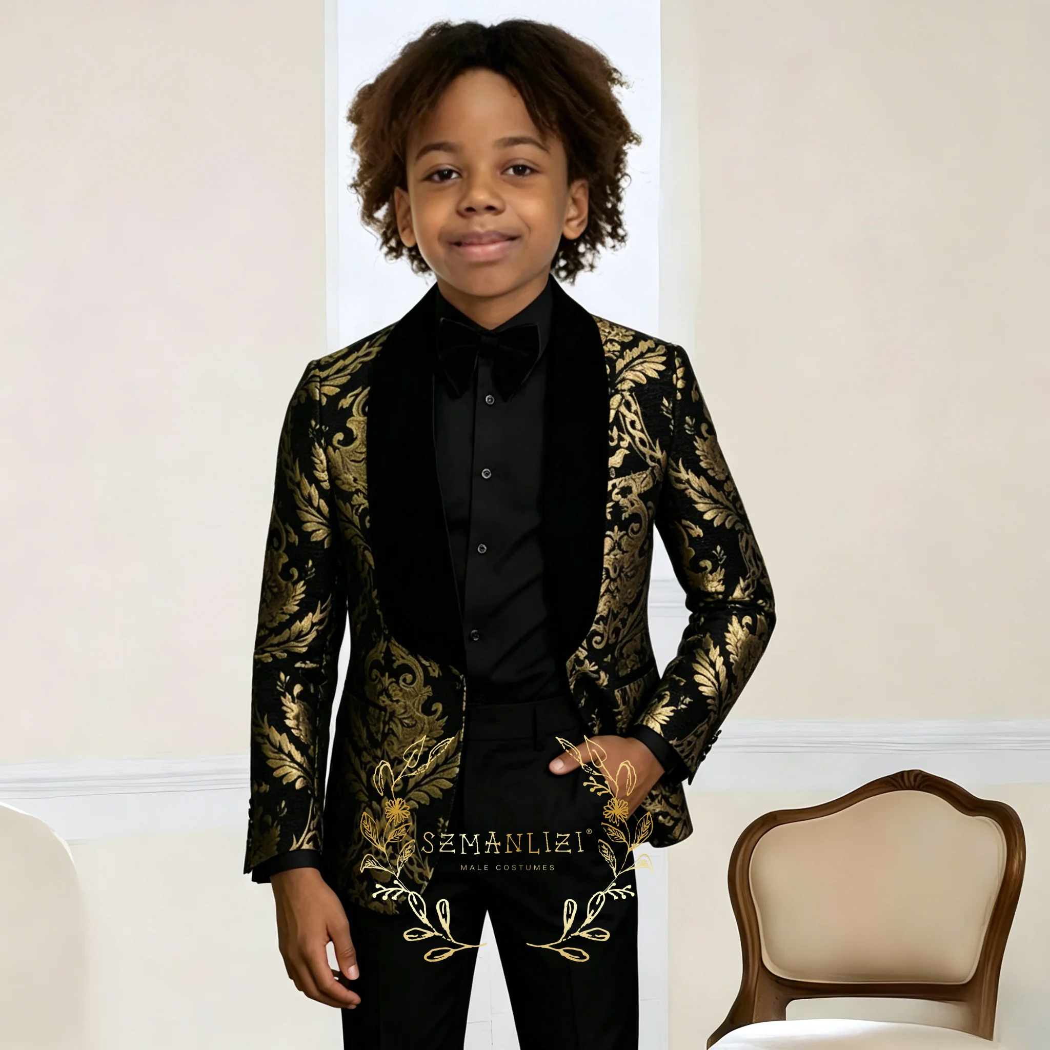 

Black Floral Suit for Boys Wedding Party Tuxedo Kids Shawl Collar Formal Jacket Pants 2 Piece Set High Quality Blazer Sets