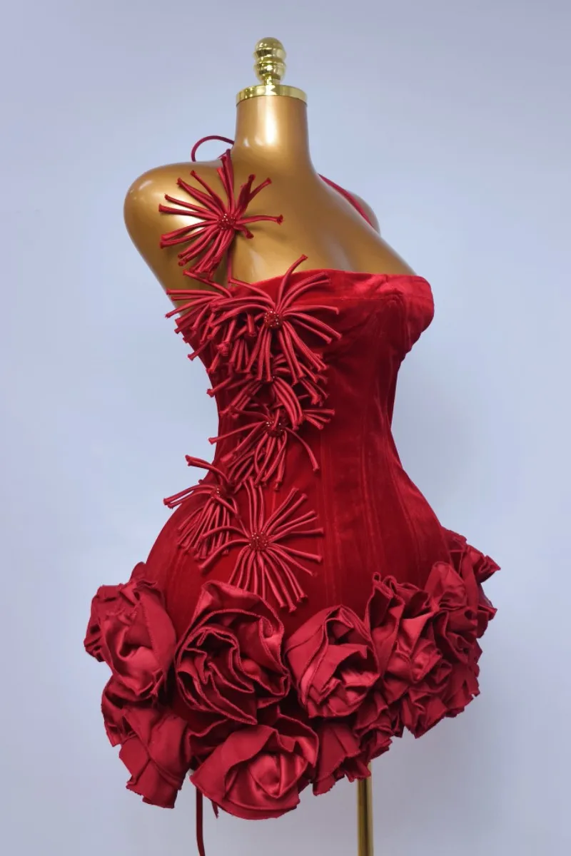 Womens Brithday Evening Dress Red Black Flower Festival Prom Dresses 2025 Summer New Sexy Strapless Halter Cocktail Party Dress
