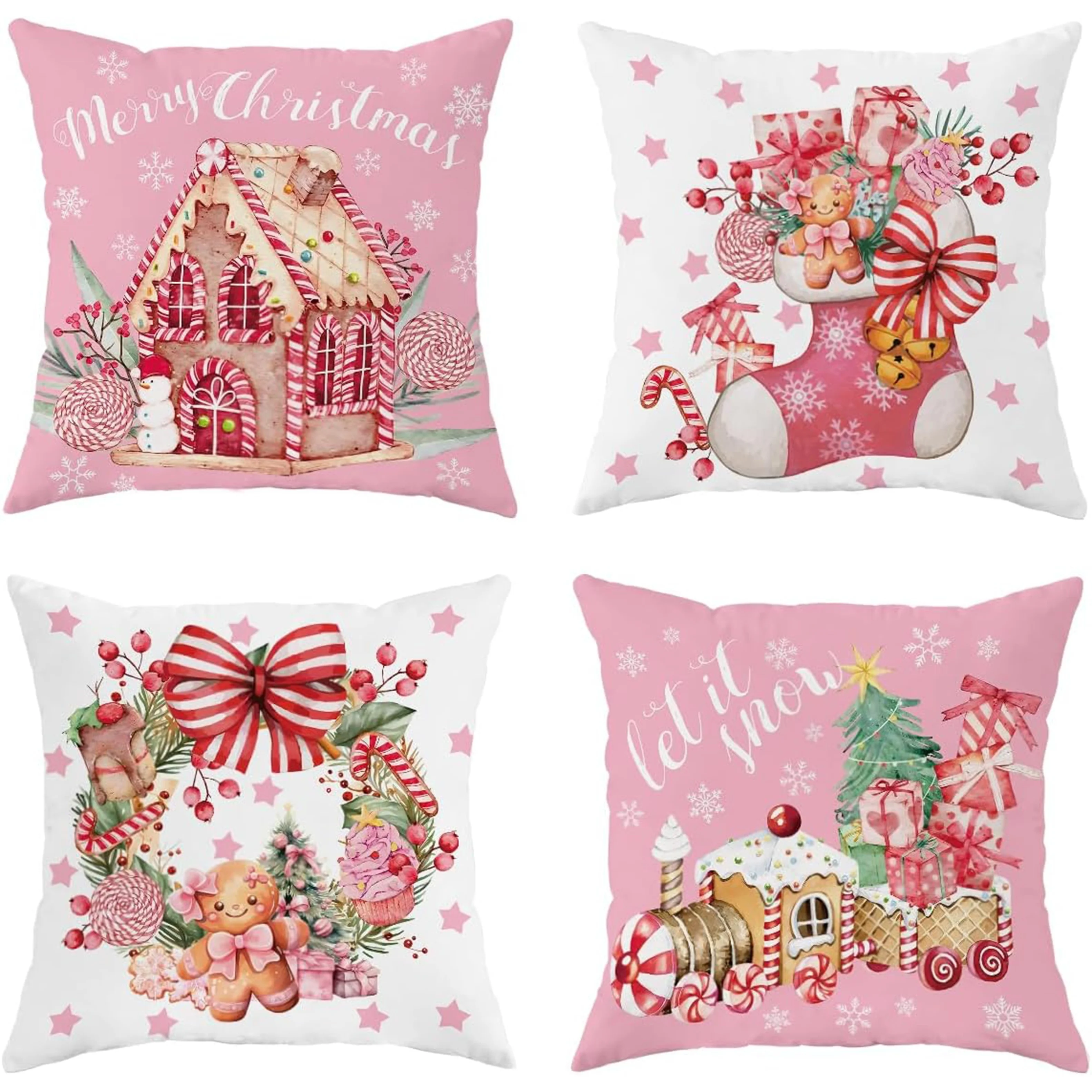 4pcs, Pillow Covers Candy Cane Christmas Stocking Train Pink Fun Cute Winter Cushion Cover for Christmas Party Living Room