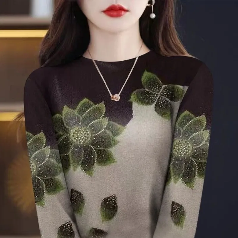 Women's Crew Neck Printed Diamonds T-shirt Spring Autumn New Commute Long Sleeve Loose Contrast Color Pullover Bottom Tops