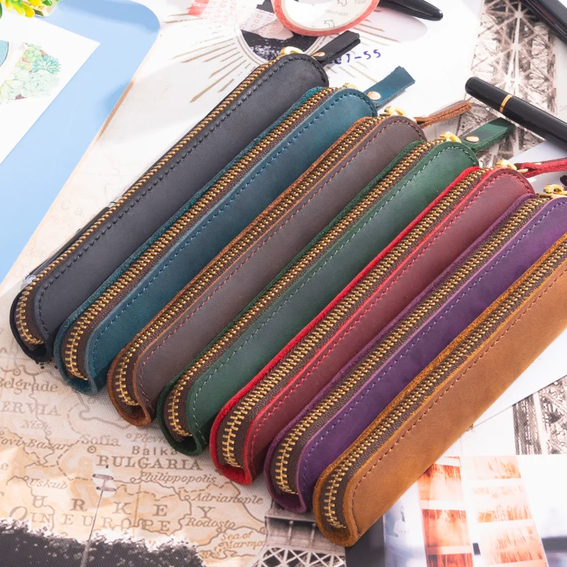 Genuine Leather Zipper Pen Bag Mini Small Pencil Case Apple Electronic Writing Pen Protective Sheath Creative Vintage Style