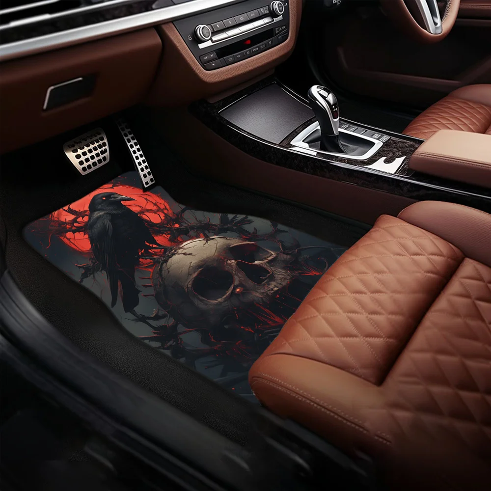 4pcs Skull With Raven T-Print Cartoon Anime Car Floor Mat, Suitable For Cars And SUVs All Seasons Front& Rear Seat Mats- Interio