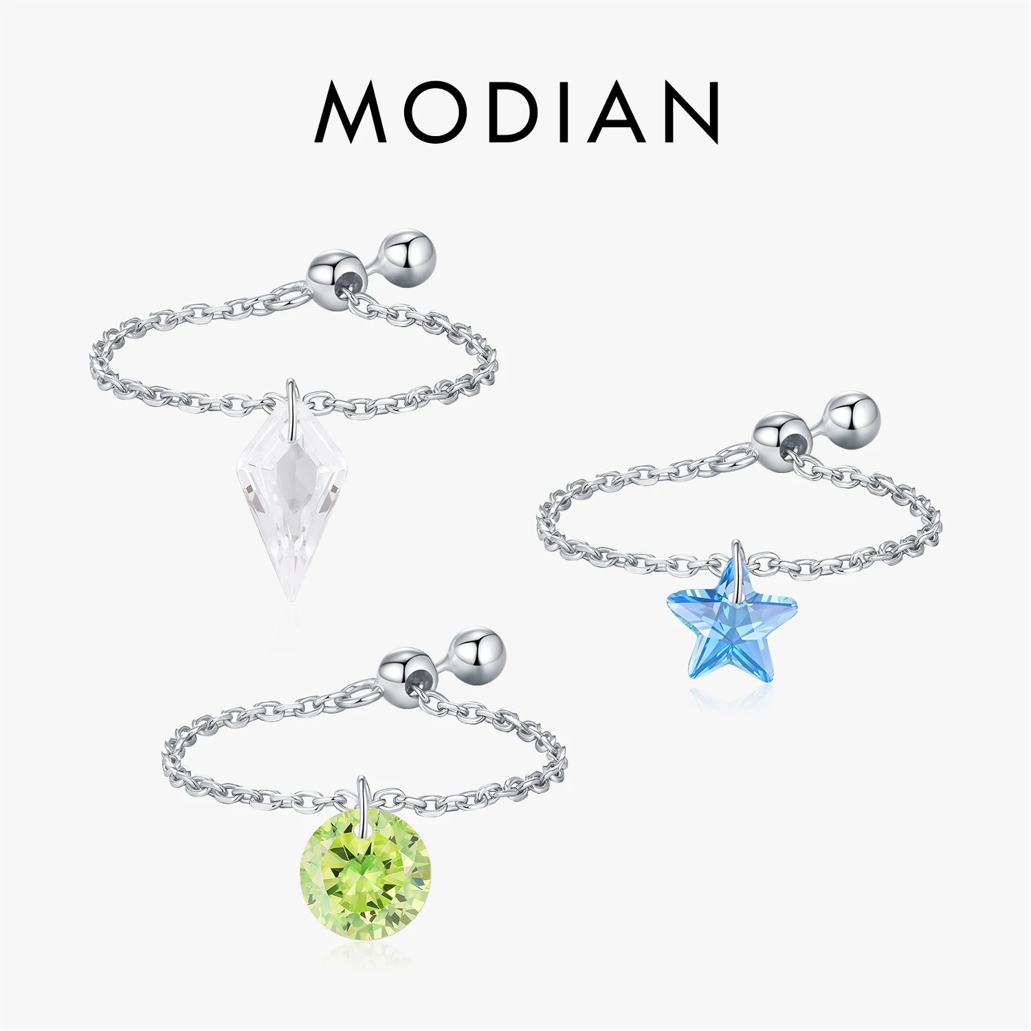 MODIAN 925 Sterling Silver Fashion Shiny Stars Geometric CZ Pendant Adjustable Link Chain Rings For Women Fine Jewelry