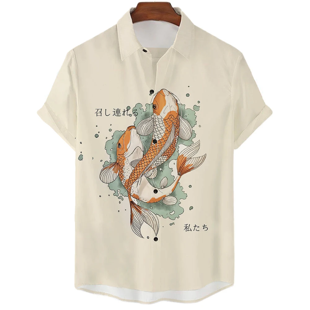 Summer Hawaiian Shirt For Men Japanese Harajuku Koi Fish 3D Pinrt Shirts Fashion Street Beach Tops Oversized Unisex Clothing