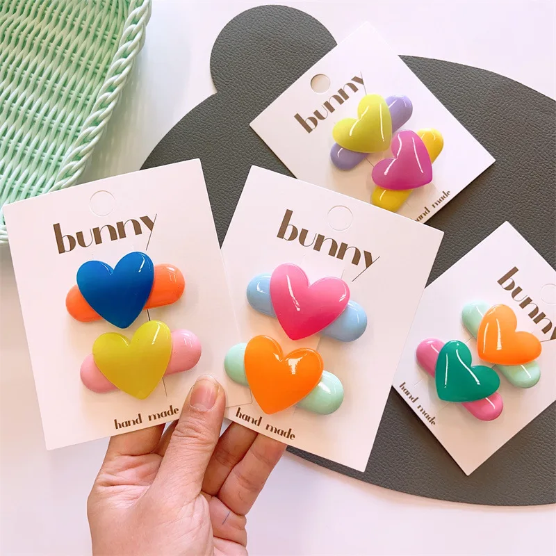 2024 New Kids Resin Love Shape Hairpins 2Pcs Girls Bright Color Hair Clip Set Cute Duckbill Clip Baby Barrettes Hair Accessories