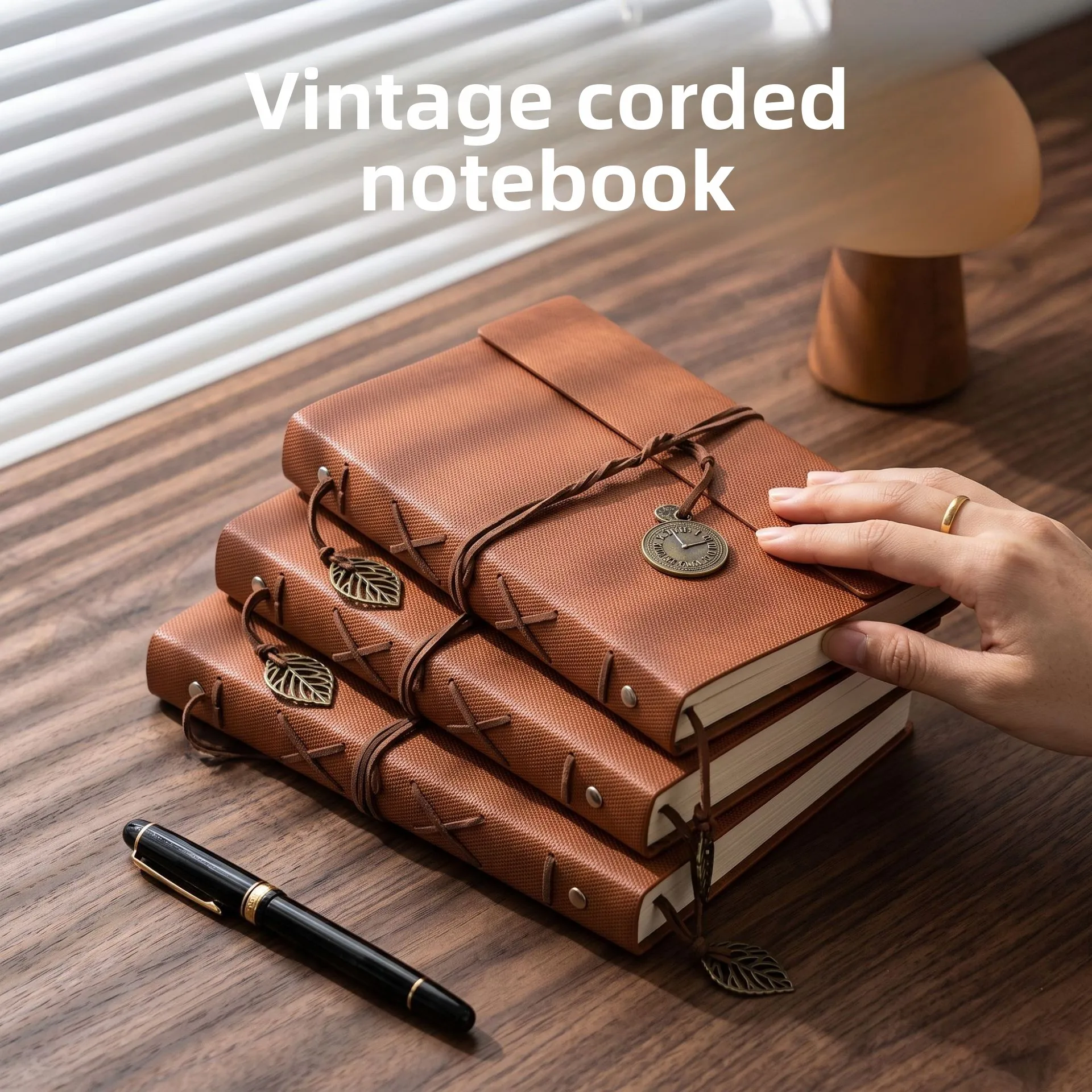 PU Leather A5 6-Hole Leaf Embossed Loose Leaf Notebook with Elastic Strap and 100 Kraft Paper Sheets, Refillable Vintage