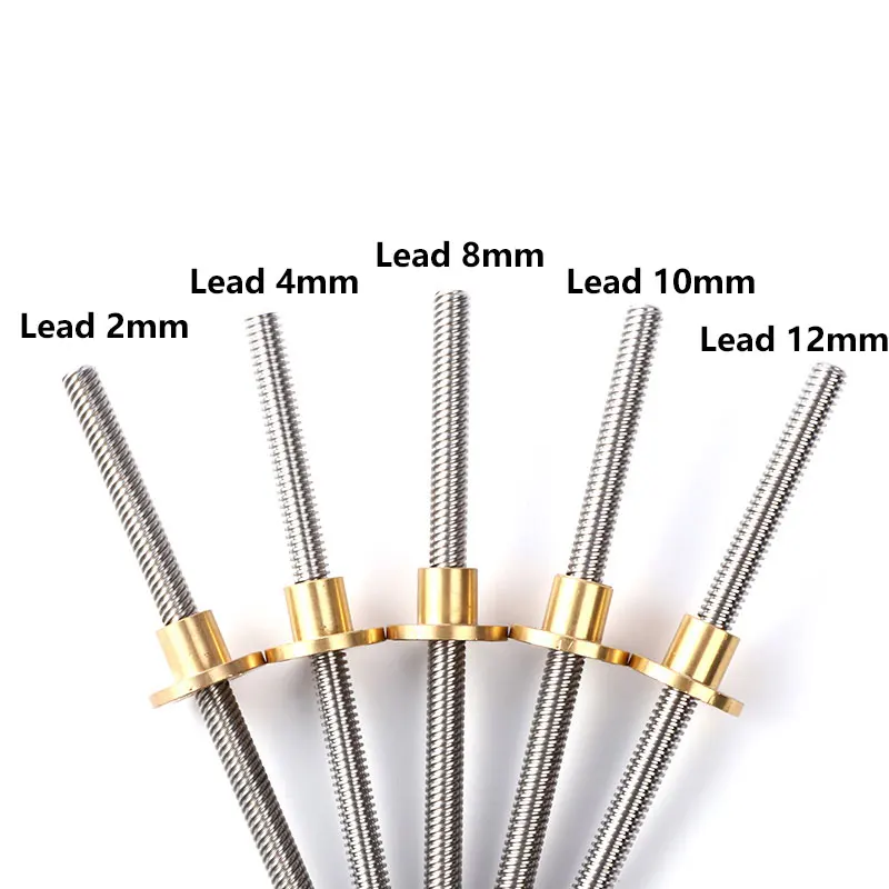 CNC 3D Printer T10 Lead Screw Pitch 2mm Thread Screw Lead 2mm/8mm/10mm/12mm With Brass Nut Length 100-600 Trapezoidal Rod Linear