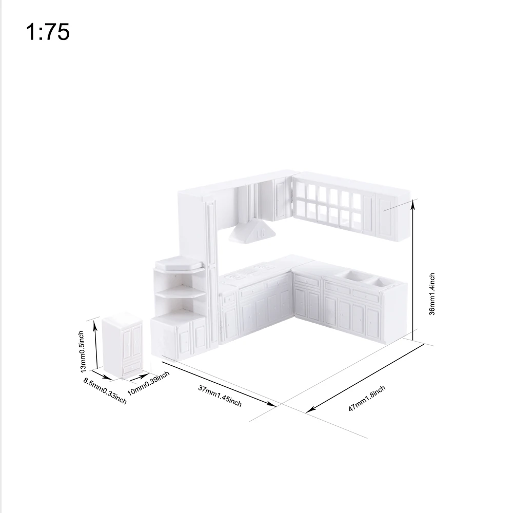 미니어처 스케일 1:50 주방 찬장 세트 모델 ABS 실내 가구 장난감, DIY 인형 집 장면 재료 디오라마, 1:75, 2 세트