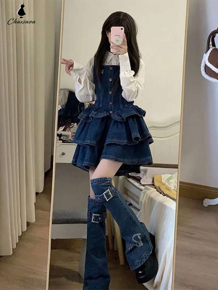 Denim Suspender Dress Spring New Style Women\'s Sweet Y2K Solid Color Shirt Waist Ruffled Skirt Design Short Skirt Suit