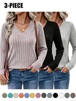 Women's 3-Pack Ribbed Knit V-Neck Sweaters Tops New Fall Fashion 2026 for Women 2