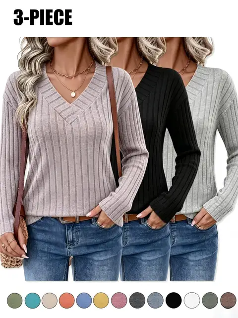 Women's 3-Pack Ribbed Knit V-Neck Sweaters Tops New Fall Fashion 2026 for Women 2 Women's 3-Pack Ribbed Knit V-Neck Sweaters Tops New Fall Fashion 2026 for Women 2