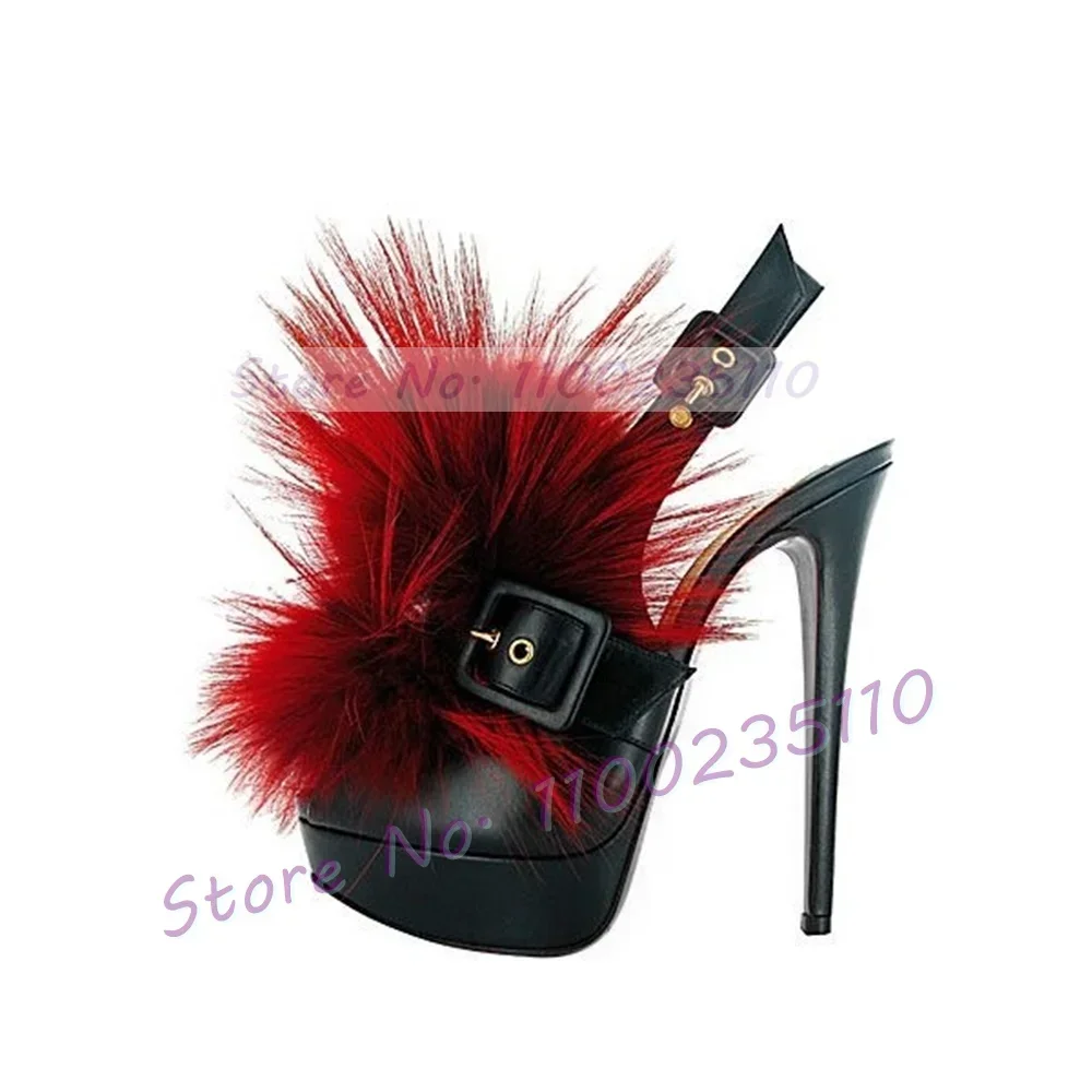Fur Decor Platform Back Strap Sandals Women Trendy Buckle Strap Open Toe Stiletto Shoes Chic Stylish Sexy Female Dress Sandals