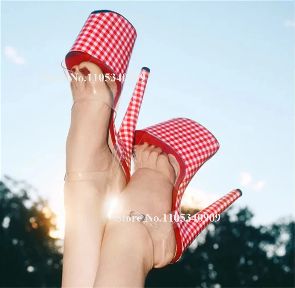 Bondarenko Red Checkered Pattern Leather Stiletto Heel Sandals Clear PVC Patchwork High Platform Thin Heel Party Dance Shoes
