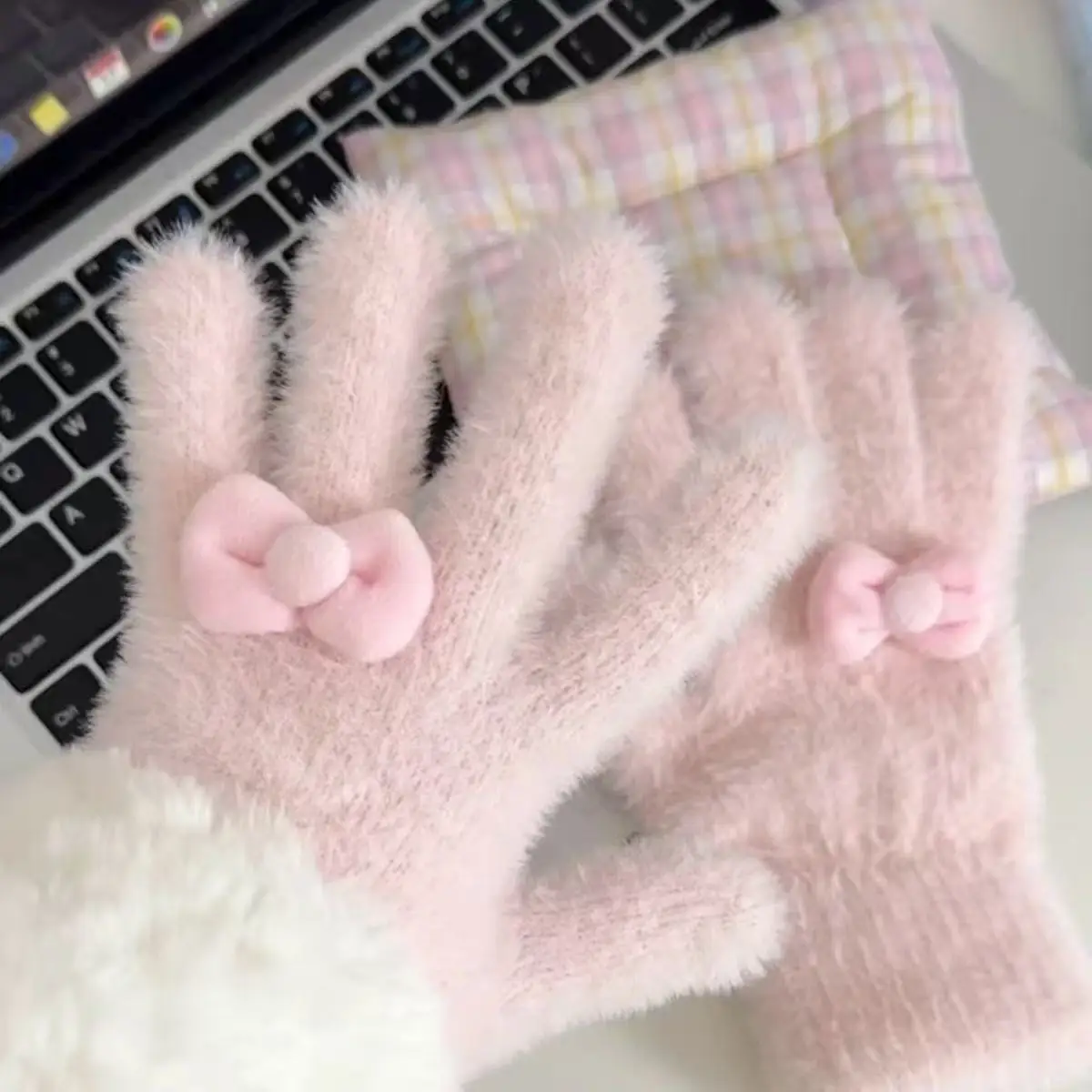 قفازات محبوكة بعقدة فراشة لطيفة للنساء في الشتاء، قفازات دافئة لركوب الدراجات مضادة للتجميد #1