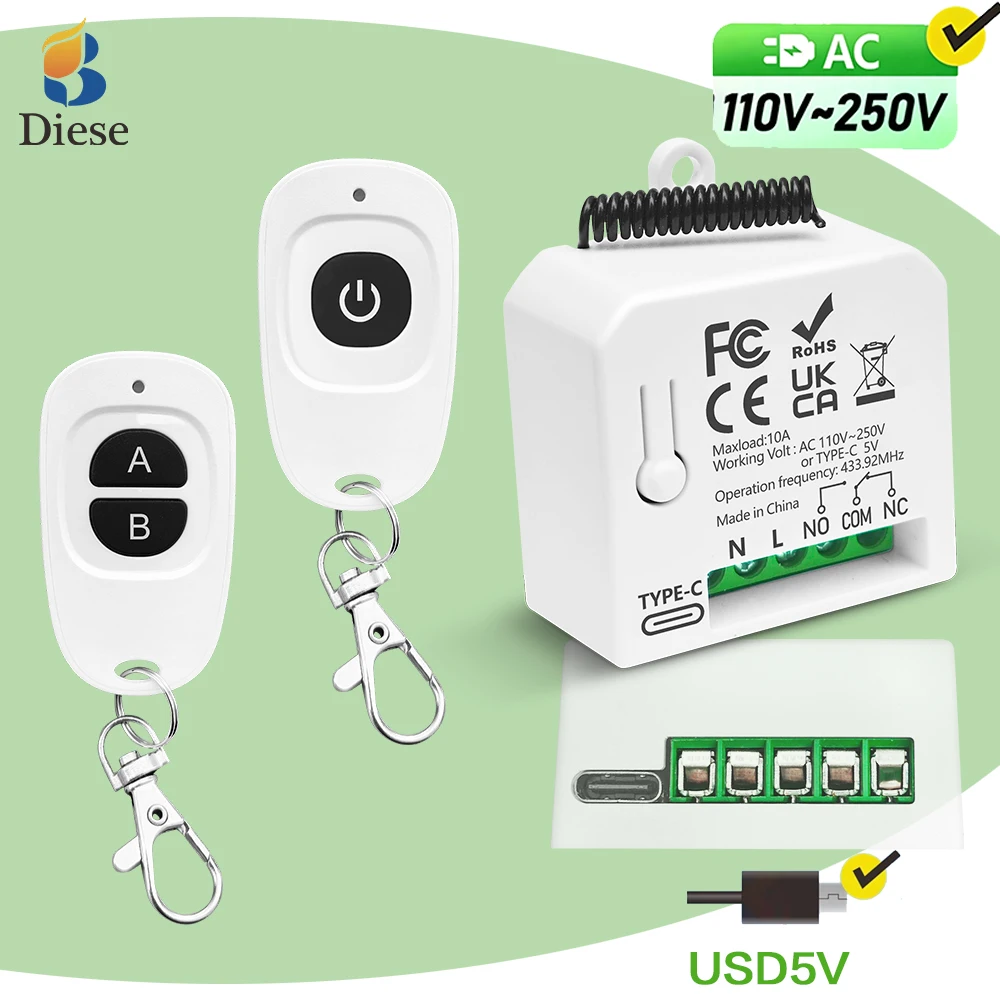 RF433MHz universal Wireless Remote Control Light Switch Dry Contact Relay AC110V 220V USB 5V for Home Light Fan Electronics Lock