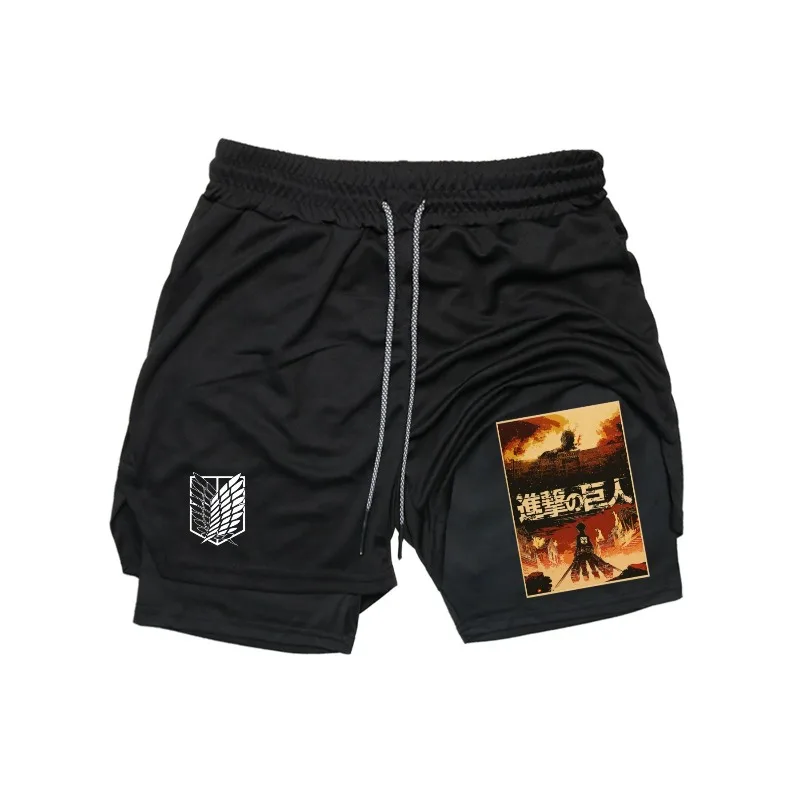 

Мужские шорты для фитнеса с принтом 2 в 1, спортивные дышащие шорты для выступлений, брюки-полотенца, быстросохнущие брюки для тренировок, атака на Титанов