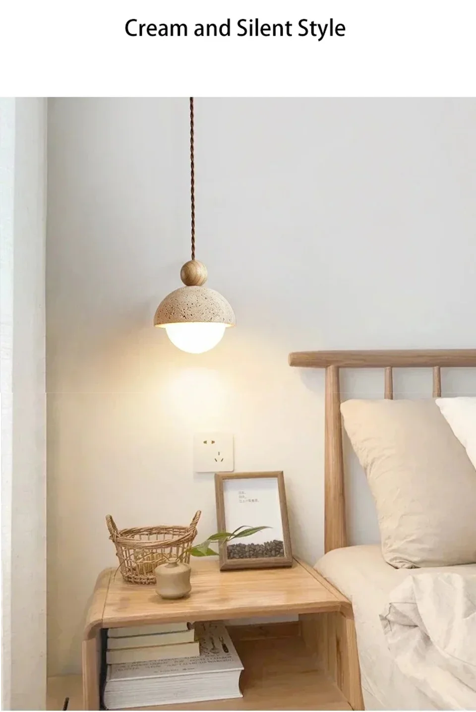 Natural Cave Stone Pendant Light LED Yellow Travertine Bedside Hanging Lighting Fixture for Restaurant Bedroom Living Room Decor