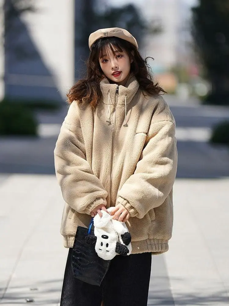 

Lamb Velvet Stand Collar Open Cardigan Women's Autumn Winter Thi Warm Fluffy Outerwear Loose Camere Zipper Khaki Color