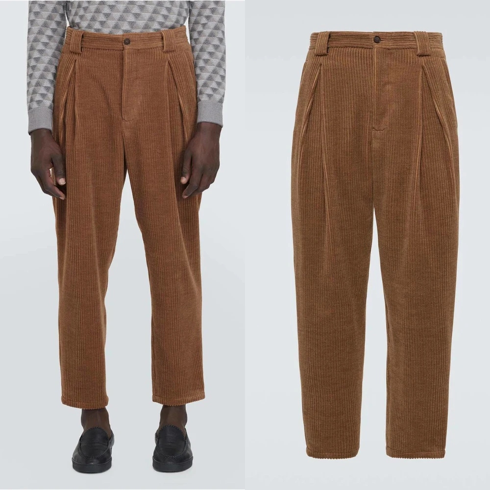Men Classic Long Trousers High Waist Front Pleated Cropped Corduroy Formal Business Occasion Wear Office Daily Pants Custom