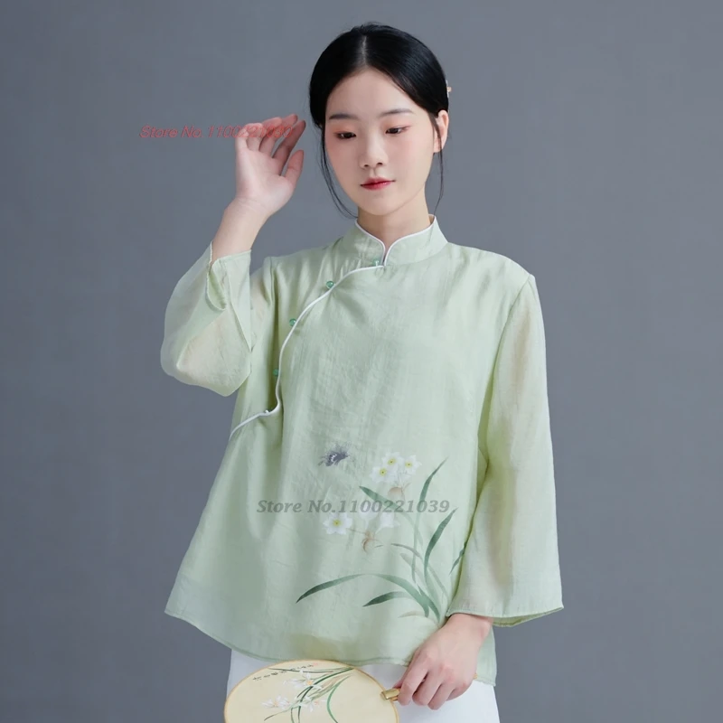 

2025 chinese improved blouse hanfu tops national flower print chiffon blouse traditional folk blouse ethnic tea service blouse