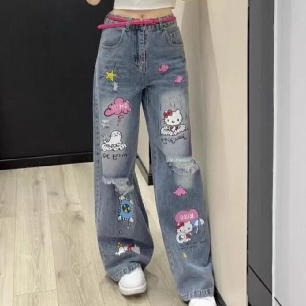 

Hello Kitty Jeans Cute Cartoon Originality Graffiti Printing Wash Hole Jeans Summer New Fashion Comfort Loose Wide Leg Pants