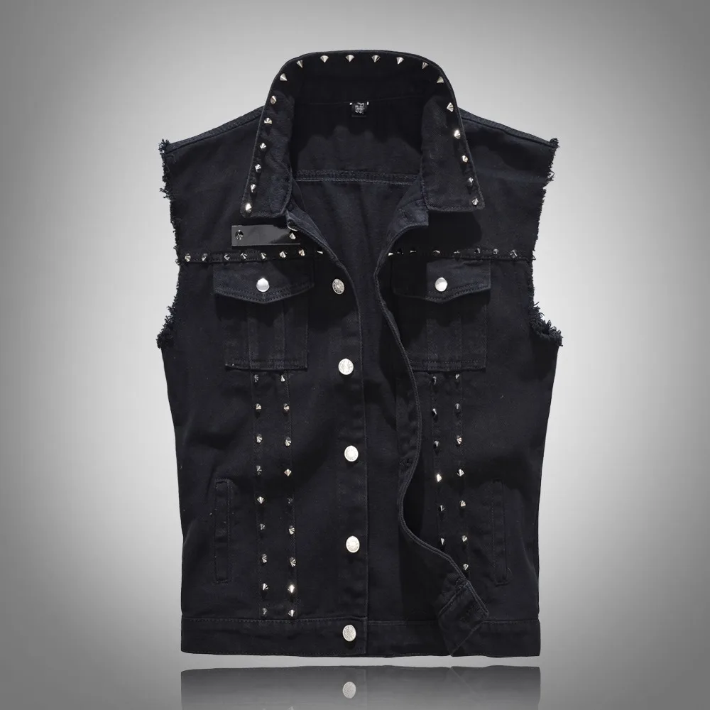 Punk Black Vest for Men Rivet Studded Sleeveless Plus Size 6XL Gothic Distressed Rock Motorcycle Hip Hop Ripped Denim Waistcoat
