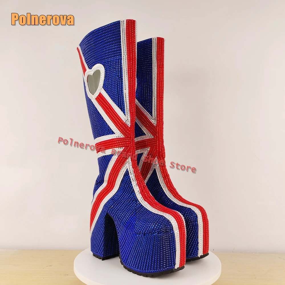 حجر الراين كابوس منصة أحذية الموضة جولة تو سميكة وحيد انتهاء الصلاحية نمط الجوف خارج على شكل قلب حذاء برقبة للركبة 2025 #5