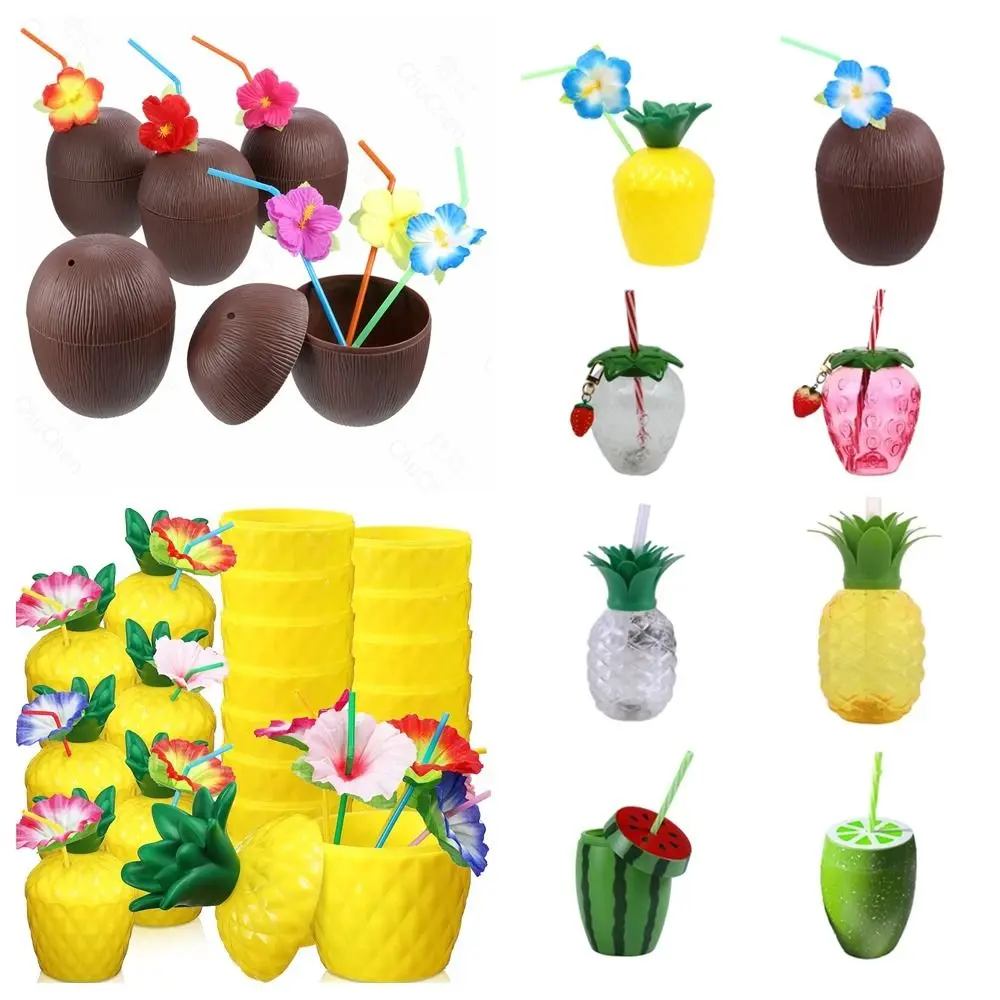 

Lovely Cartoon Fruit Straw Cup Watermelon Lemon Coconut Food Grade Plastic Drinkware Multicolor Cold Water Fruit Cup Summer