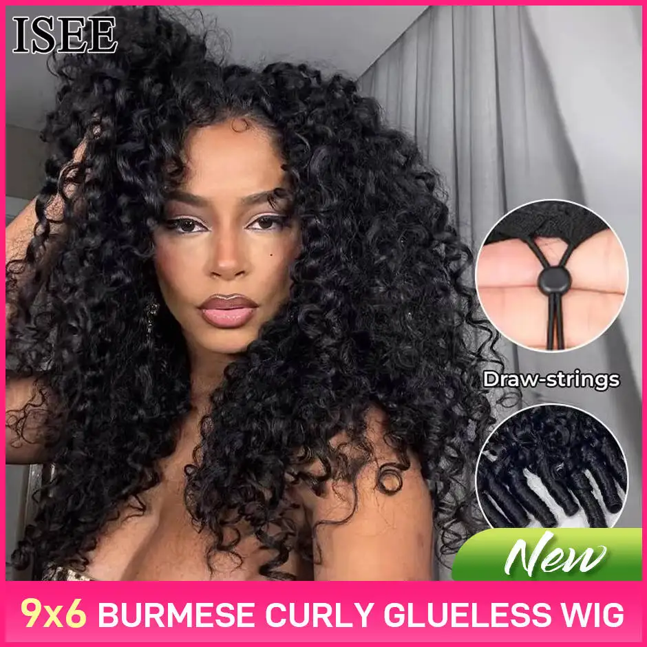 

ISEE Hair 9X6 Бирманские вьющиеся бесклеевые парики Натуральный черный предварительно отбеленный парик из человеческих волос M-Cap Wear Can Go Парик с предварительно вырезанным кружевом