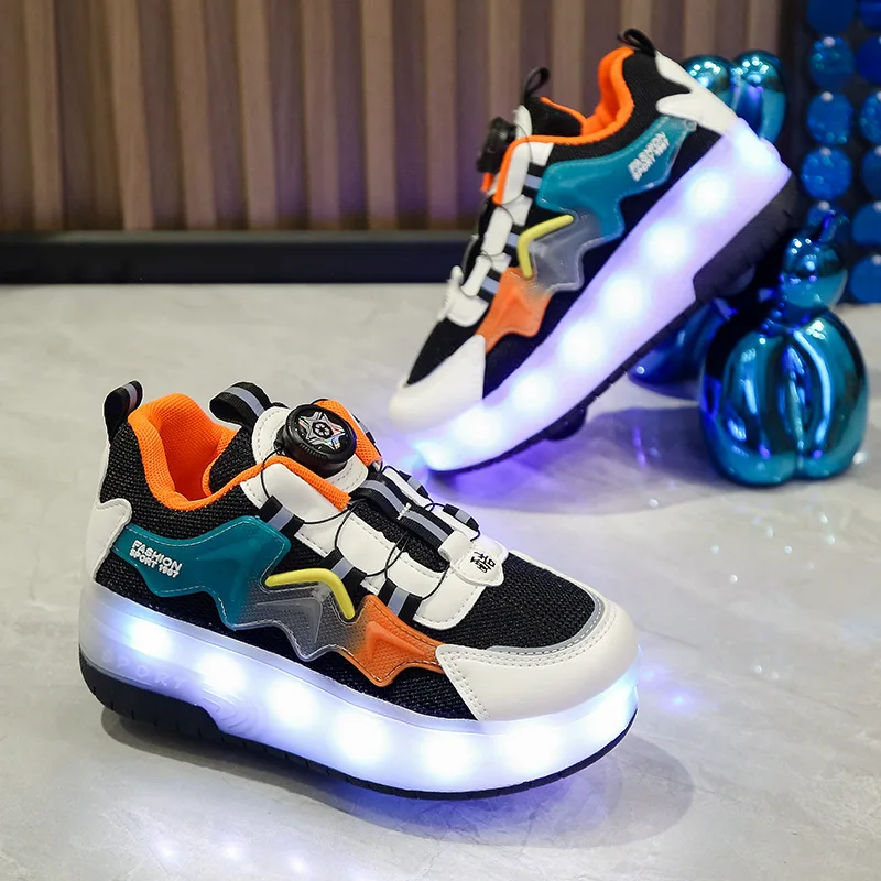 LED Student Flash Shoes Children Rechargeable Light Shoes Kids Roller Skates Boys and Girls Button Sneakers