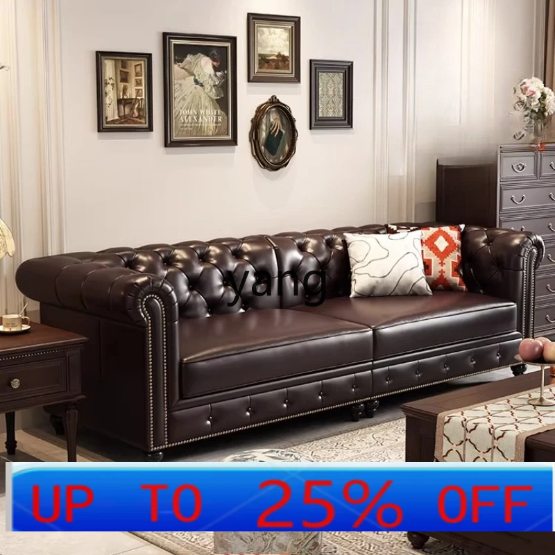 

Кожаный диван в американском ретро-стиле для гостиной, компактный диван во французском ретро-стиле с пряжками, средний размер, в винтажном стиле.