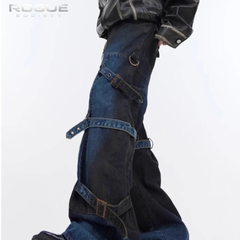 Y2K Streetwear Vibe Style Buckle Cargo Jeans Unisex Gradient Washed Hip Hop Wide Leg Denim Pants Punk Gothic Trousers Harajuku