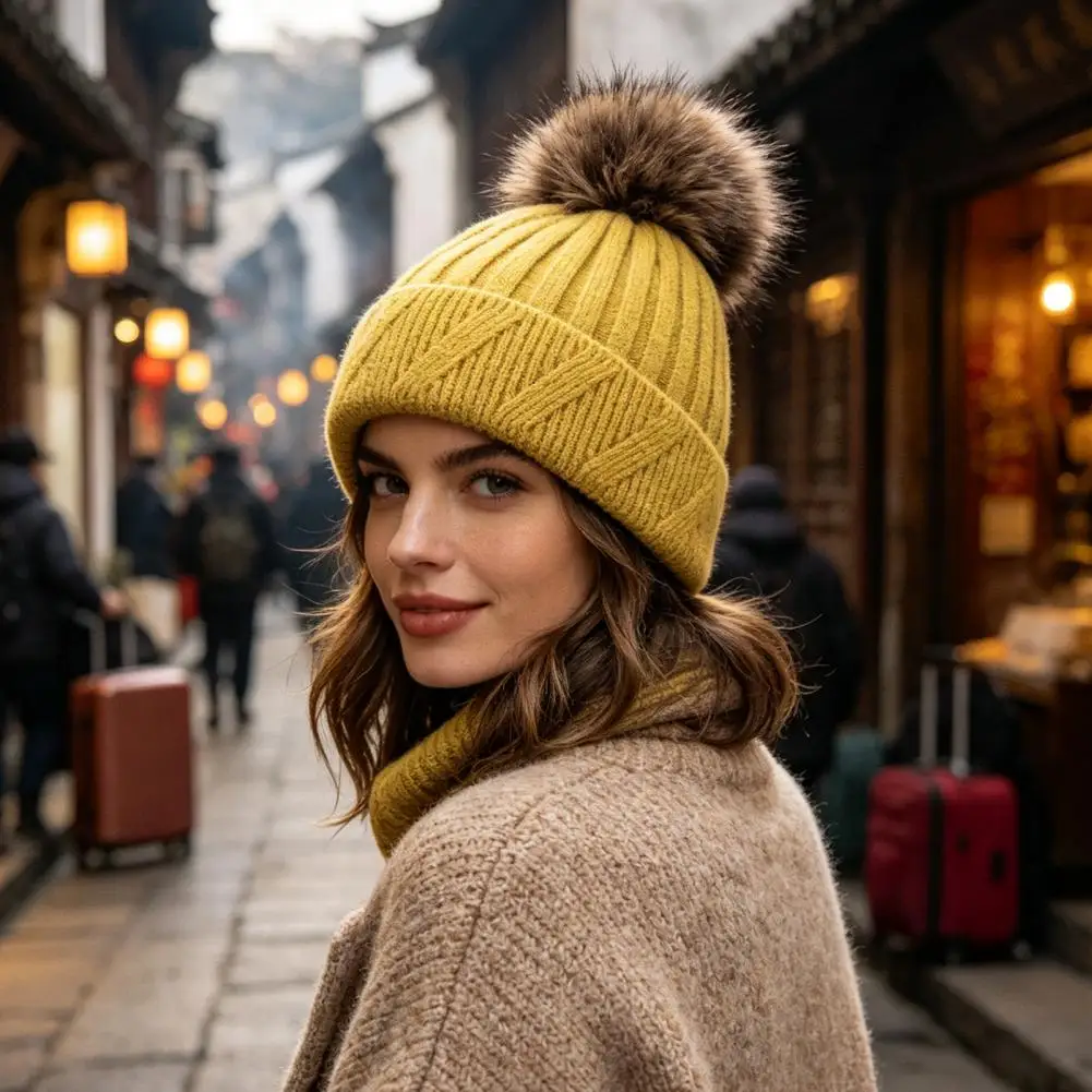 Winter Knitted Hat for Women Cold Weather Fleece Lined Hat with Pom Pom, Chunky Snow Hat, Soft Ribbed Knit Hat for Autumn Winter