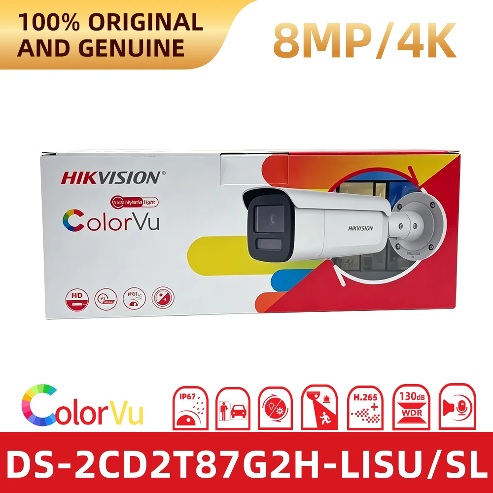 Hikvision 8MP ColorVu IP Camera PoE Bullet Outdoor Surveillance Camera AI Human Vehicle Detection IP67 Waterproof Night Vision S