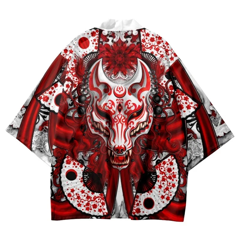 

Streetwear Cardigan Demon Samurai Cat Print Shirt Clothing Traditional Haori Kimono Women Men Harajuku Japanese Beach Yukata Top