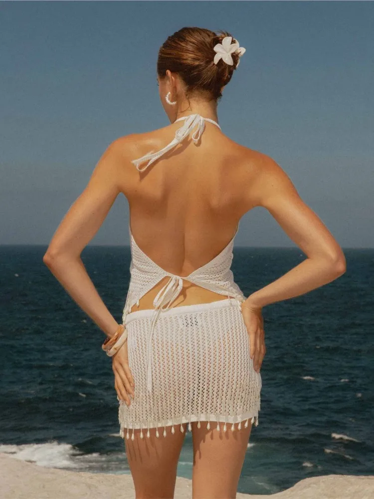 Maillot de bain jupe Cover-up 2 pièces ensemble femmes haut court et Mini jupe maillot de bain mode solide creux Sexy plage couvrir tenues