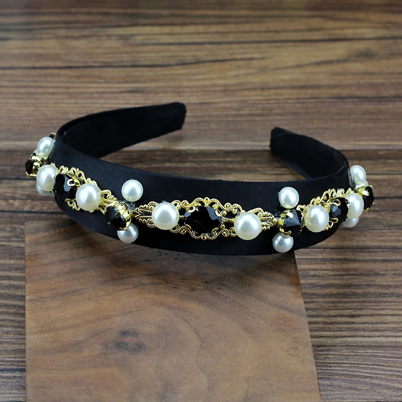 Handmade Black Crystal And Pearl Hairbands Rhinestone Vintage Headbands For Women Charming Hair Accessories