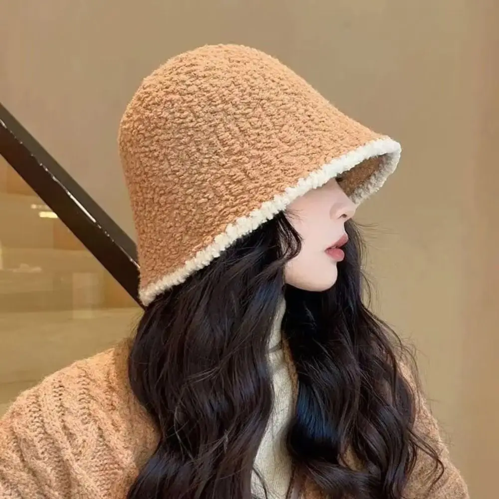 Minimalist Polyester Fiber Knitted Bucket Hat Windproof Warm Wool Basin Cap Solid Color Korean Style Women Fisherman Hat Daily