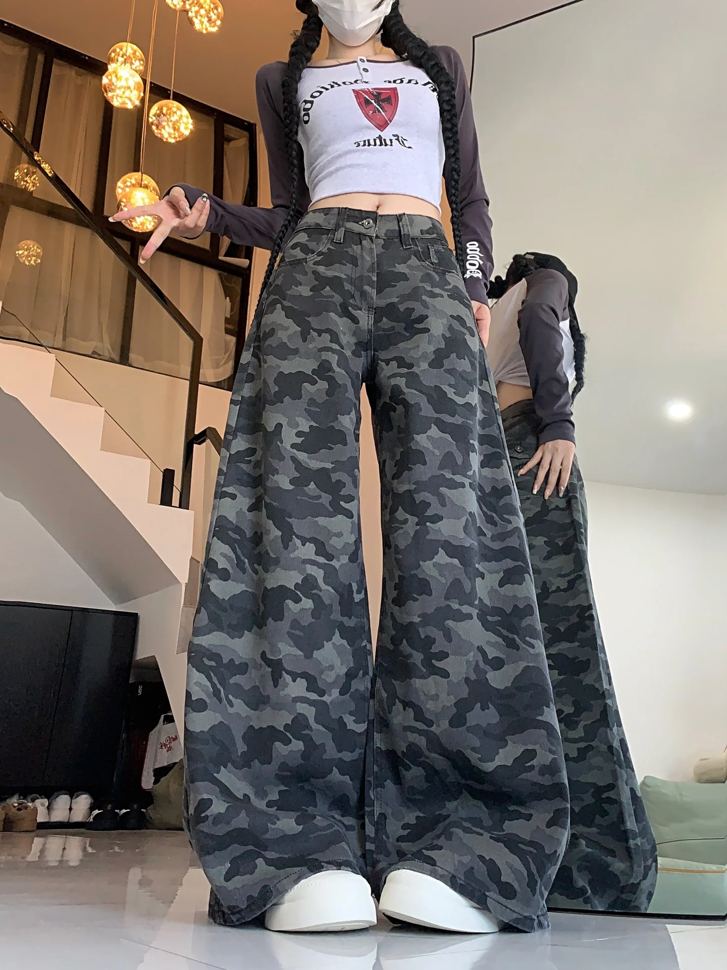 

Женские джинсы больших размеров с камуфляжным принтом, прямые, свободные, с высокой талией, широкие, в пол, для осеннего повседневного образа