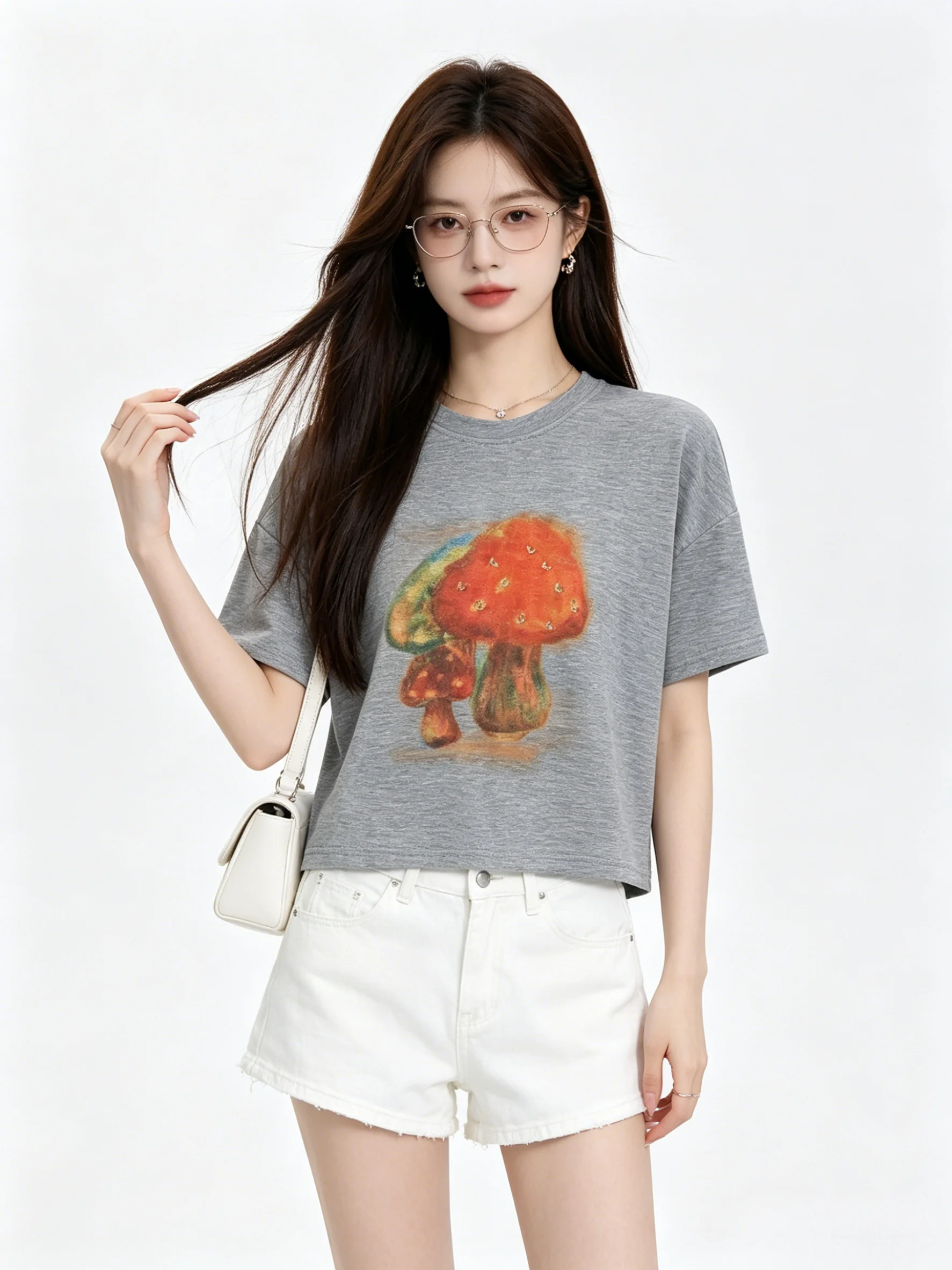 

Chic Korean Style Short Sleeve T-Shirt round Neck Open Design Loose Fit Slimming Summer Print Casual Top for Women