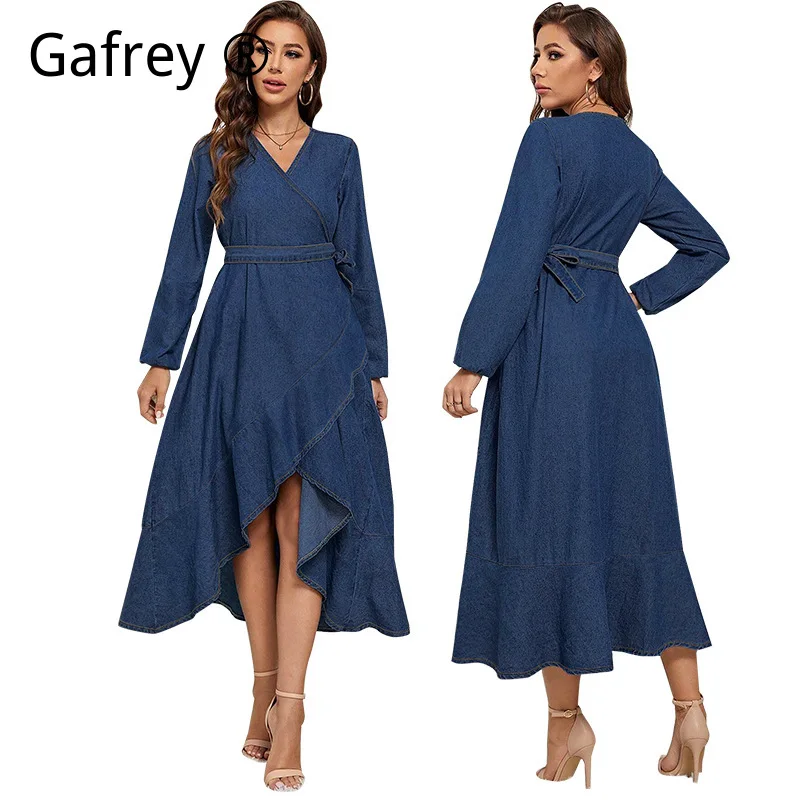 

Джинсовое платье макси для женщин больших размеров с длинным рукавом, завязками на талии, асимметричным подолом, модное, в уличном стиле, облегающее, из мягкого денима