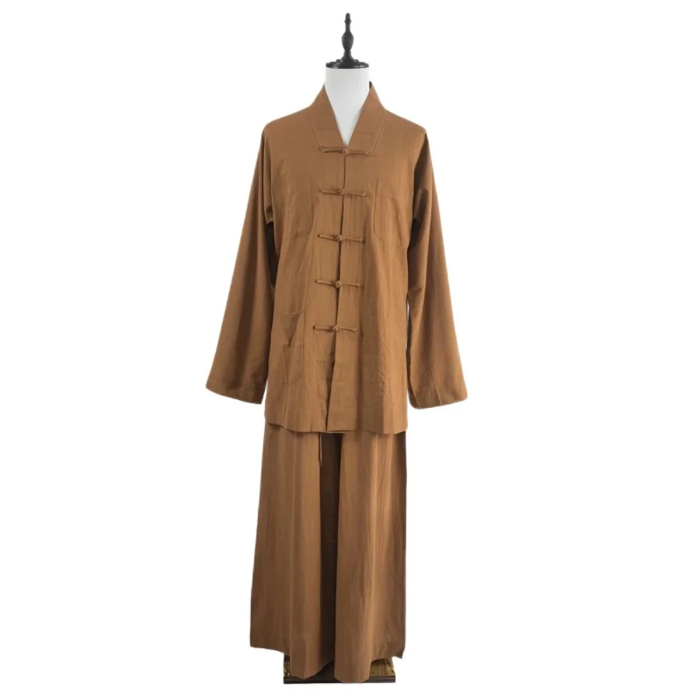 CLYFAN Men Cotton Linen Buddhist Monk Suit Tang Style Frog Button Loose Meditation Outfit Temple Zen Prayer Uniform Set