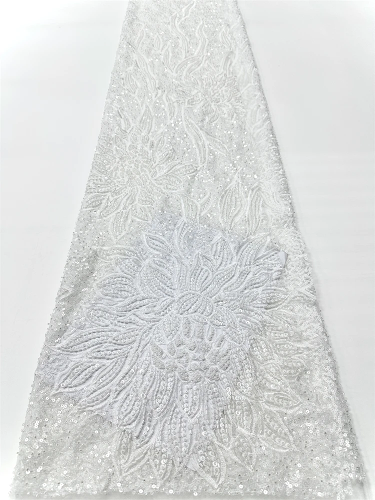 

5 Yards Luxury African Sequins Groom Lace Fabric 2025 High Quality French Nigerian Beaded Lace Fabric For Wedding Dress